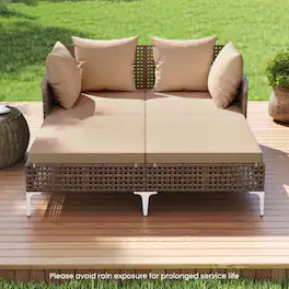 Mondawe - 60" Outdoor Rattan Double Daybed Wicker Chaise Lounge 800 lbs for 2 with Cushions - Brown