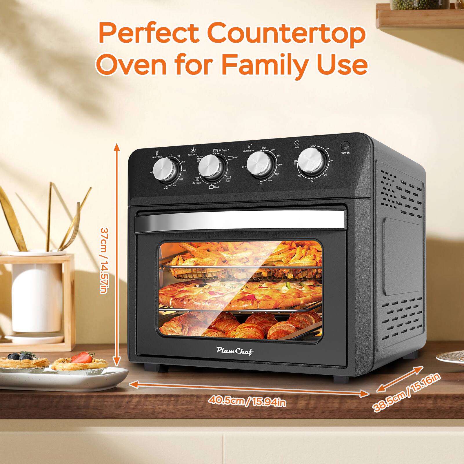 Perfect Countertop Oven for Family Use

- 37cm / 14.57in
- 40.5cm / 15.94in
- 38.5cm / 15.16in