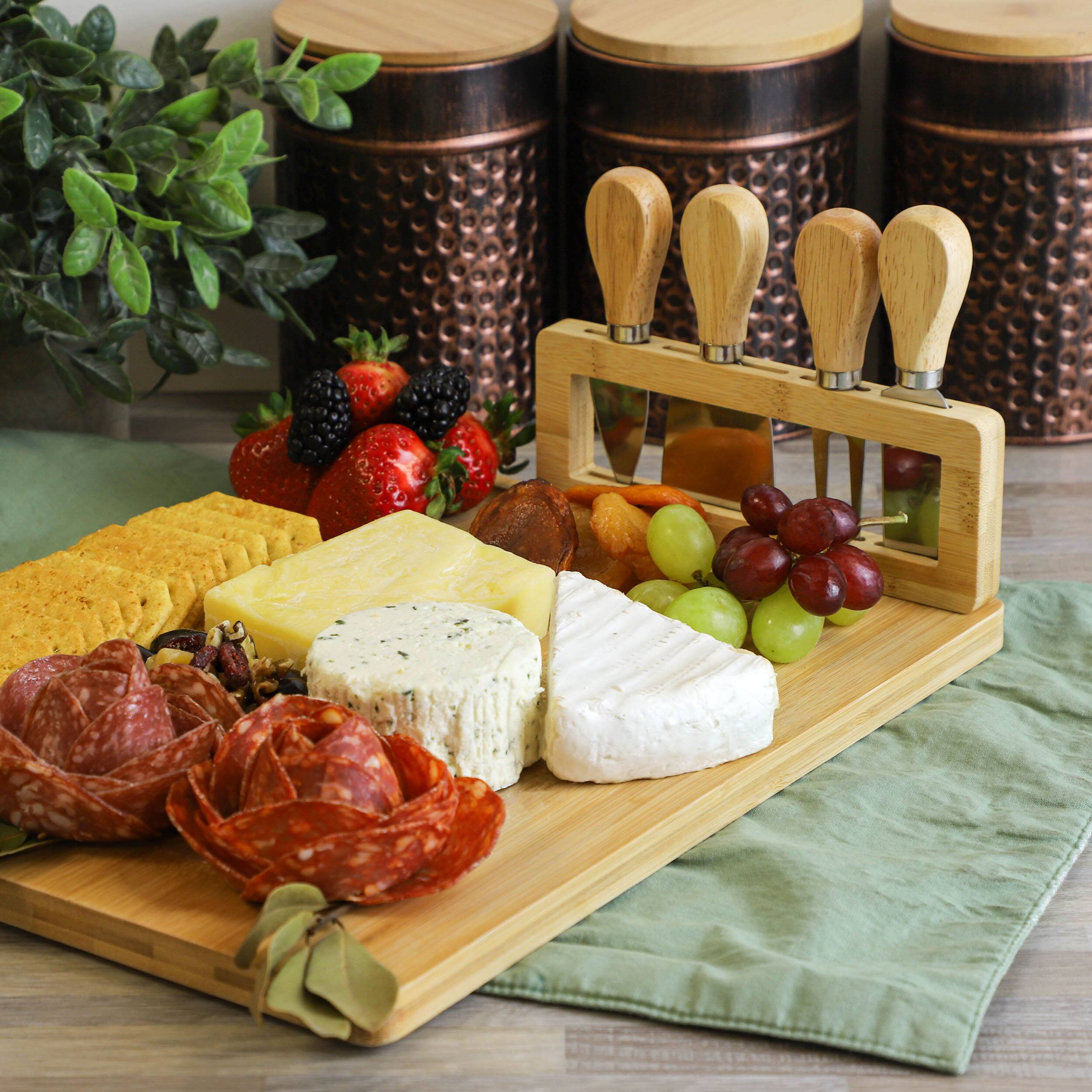 Alt View 8. MegaChef - MegaChef Bamboo Charcuterie and Cheese Board with Knife Stand Attachment and 4 Piece Knife Set - Brown.