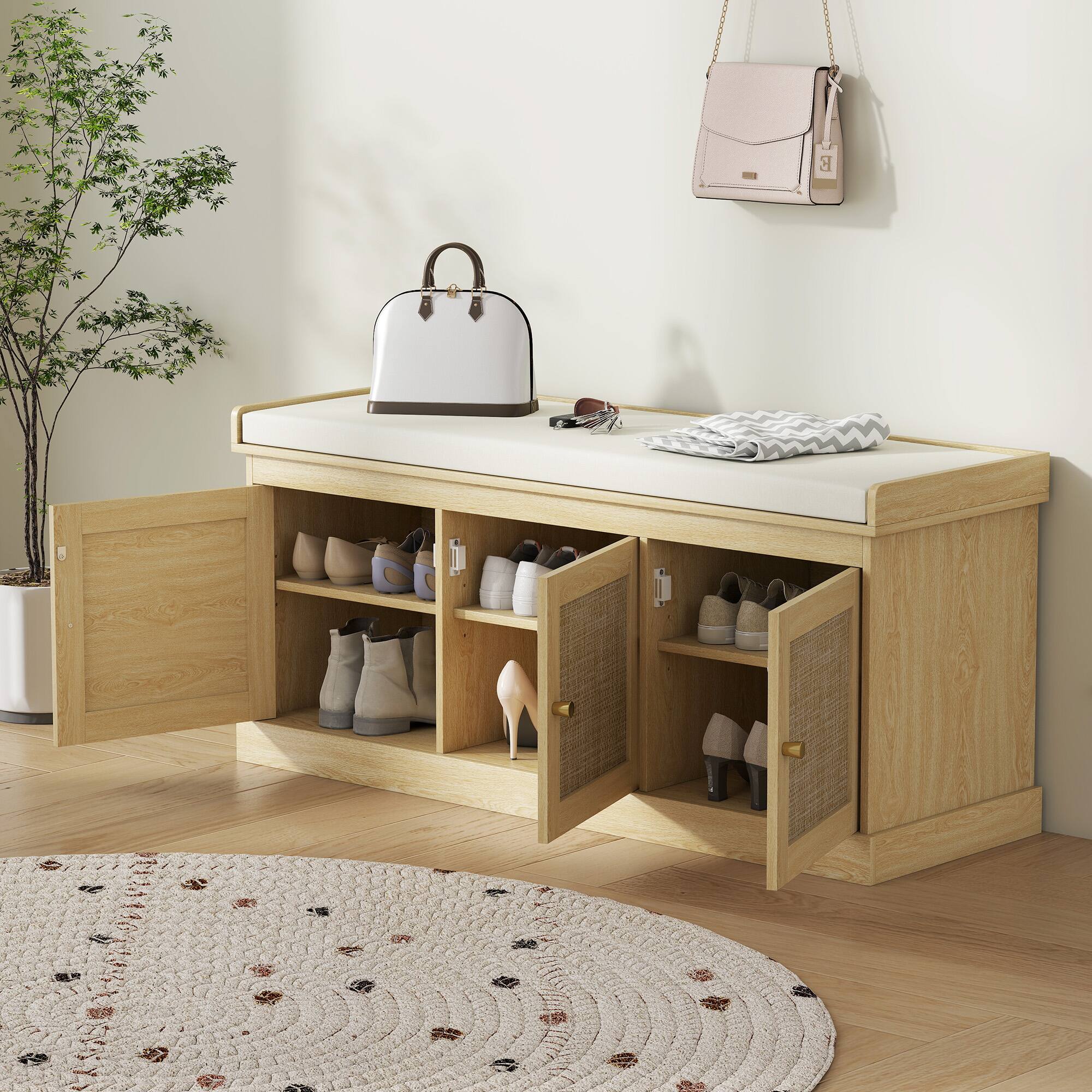 Alt View 8. Homcom - Storage Bench with Woven Rattan Doors, Shoe Bench with Cushion, Adjustable Shelves, Entryway Bench - Oak.