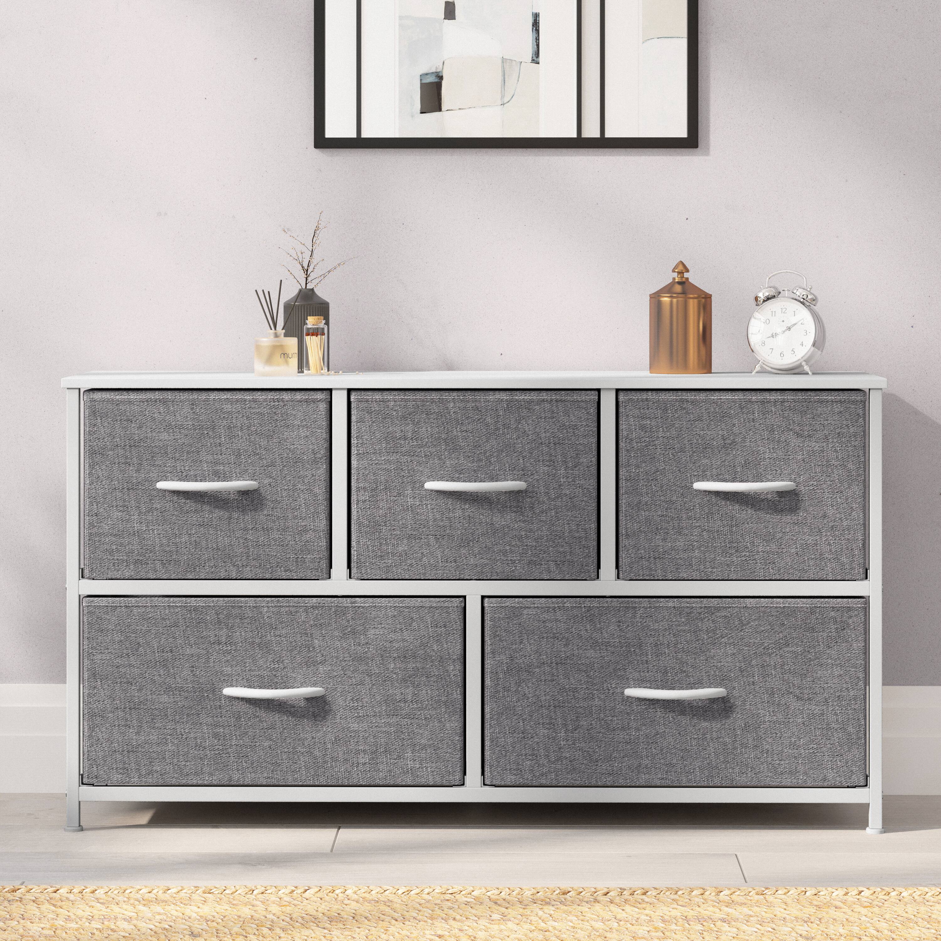 Alt View 3. Emma + Oliver - Marley 5 Drawer Storage Dresser with Cast Iron Frame, Wood Top and Easy Pull Fabric Drawers with Wooden Handles - Gray Drawers/White Frame.