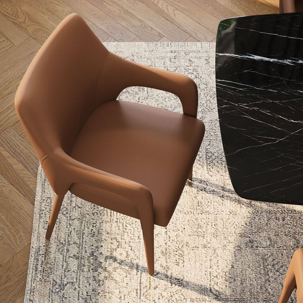 Angle. POVISON - Modern Leather Dining Chairs with Arms Set of 2, Upholstered Dining Chairs, Accent Chairs for Living Room, Brown - Brown.