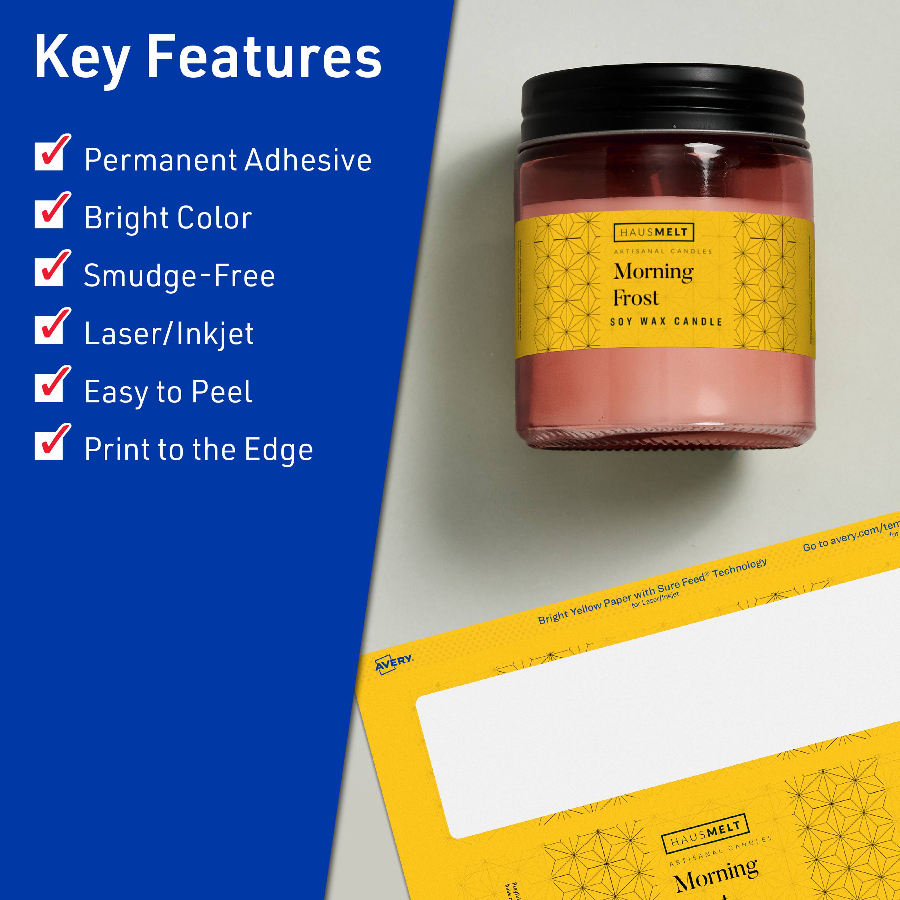 Key Features  
- Permanent Adhesive  
- Bright Color  
- Smudge-Free  
- Laser/Inkjet  
- Easy to Peel  
- Print to the Edge  

HAUSMELT ARTISANAL CANDLES  
Morning Frost SOY WAX CANDLE  

Bright Yellow Paper with Sure Feed™ Technology  
Go to avery.com/ten  

HAUSMELT ARTISANAL CANDLES  
Morning Frost SOY WAX CANDLE