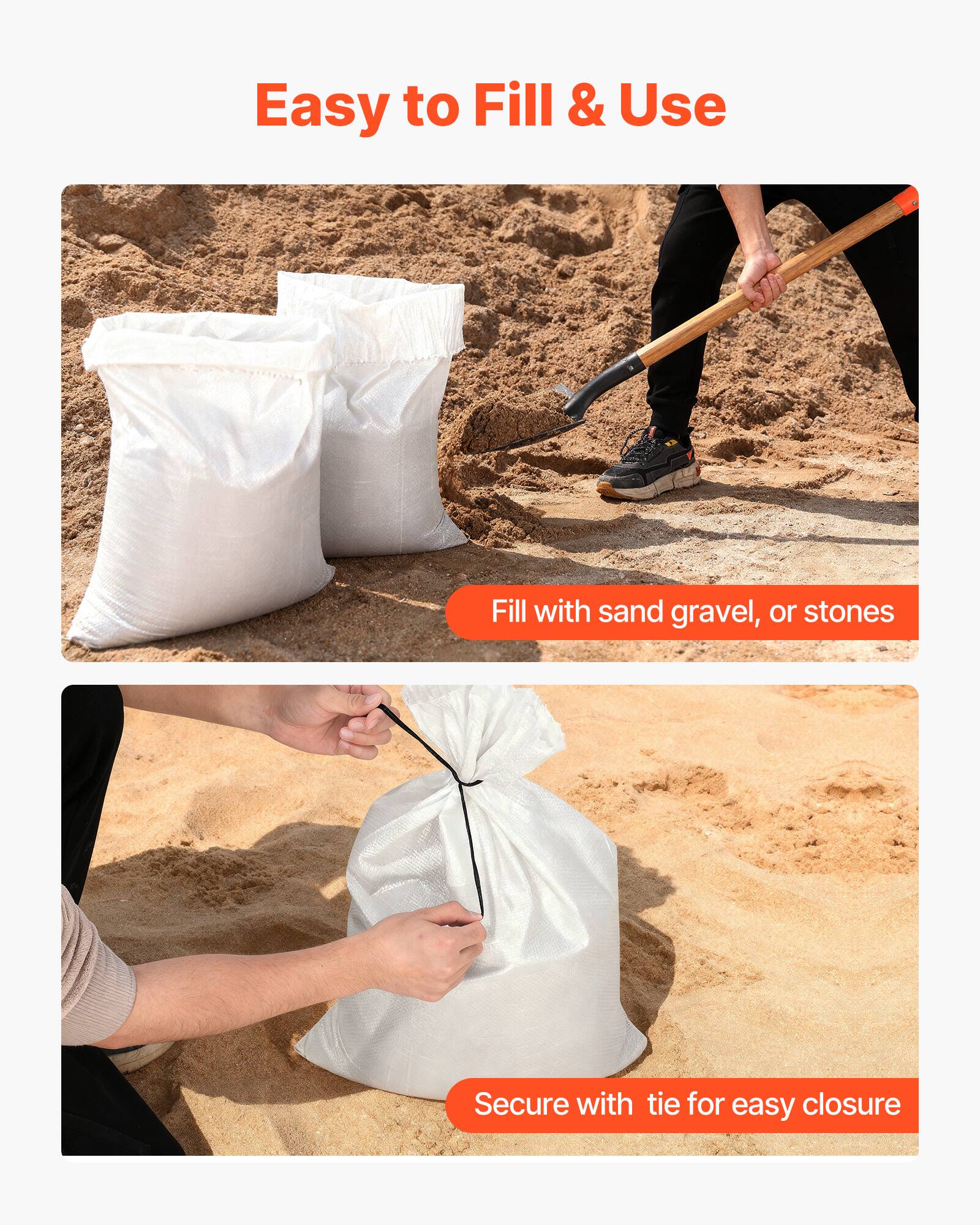Easy to Fill & Use

Fill with sand, gravel, or stones

Secure with tie for easy closure