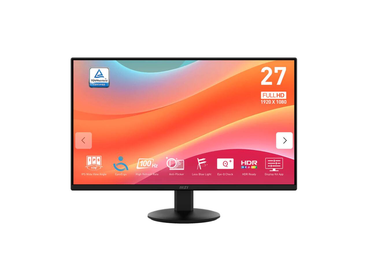 TV Rheinland Certified 27 FULL HD 1920 X 1080 IPS 178° 100 Hz + HDR. IPS Wide View Angle EyesErgo High Refresh Rate Anti-Flicker Less Blue Light Eye-O Check HDR Ready Display A App