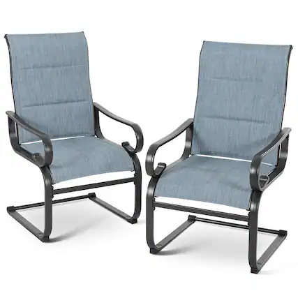 Front. Nuu Garden - Patio Metal Dining Chairs Set of 2, C-Spring Motion and Padded Textilene - chair frame-black, chair back and seat-blue.
