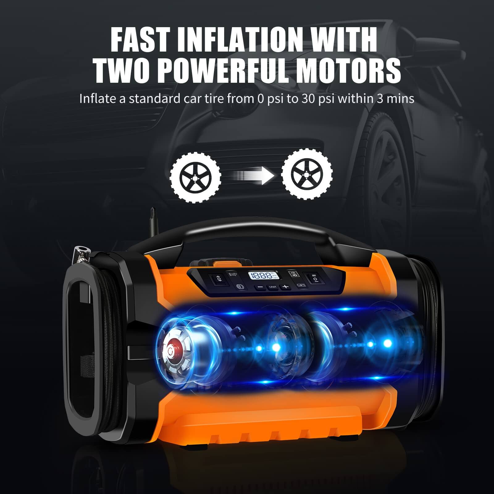 FAST INFLATION WITH TWO POWERFUL MOTORS

Inflate a standard car tire from 0 psi to 30 psi within 3 mins