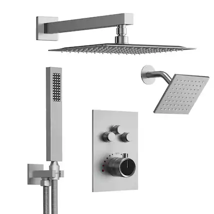 Front. GRANDJOY - 12" Dual Rain Shower System with Handheld Shower, Thermostatic Valve and 3 Function Diverter Faucet Set - Brushed Nickel.