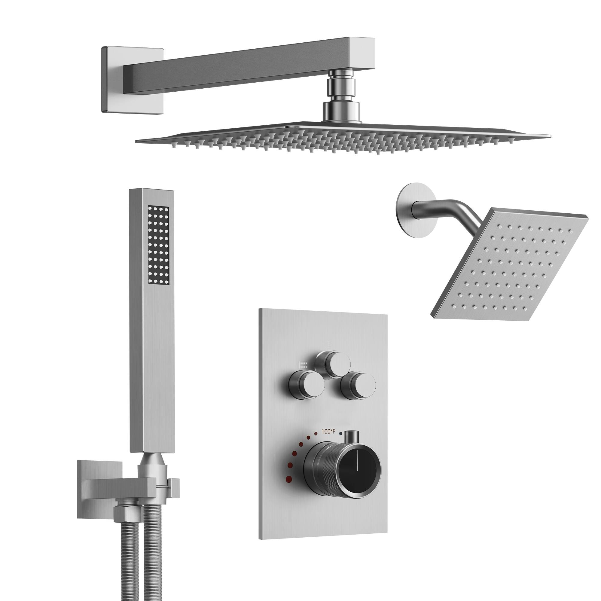 Front. GRANDJOY - 12" Dual Rain Shower System with Handheld Shower, Thermostatic Valve and 3 Function Diverter Faucet Set - Brushed Nickel.