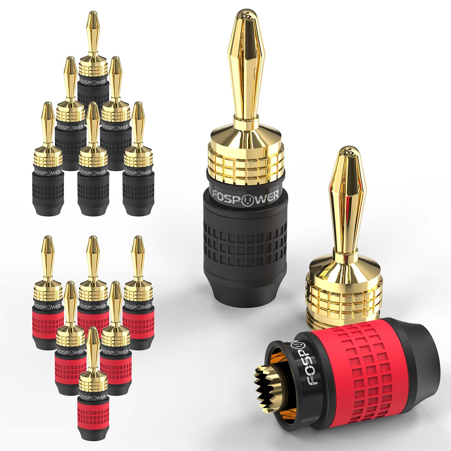 FosPower - Deadbolt Banana Plugs 6 Pairs / 12 pcs, Screwless Type 24k Gold Plated Banana Speaker Plug Connectors - Multicolored