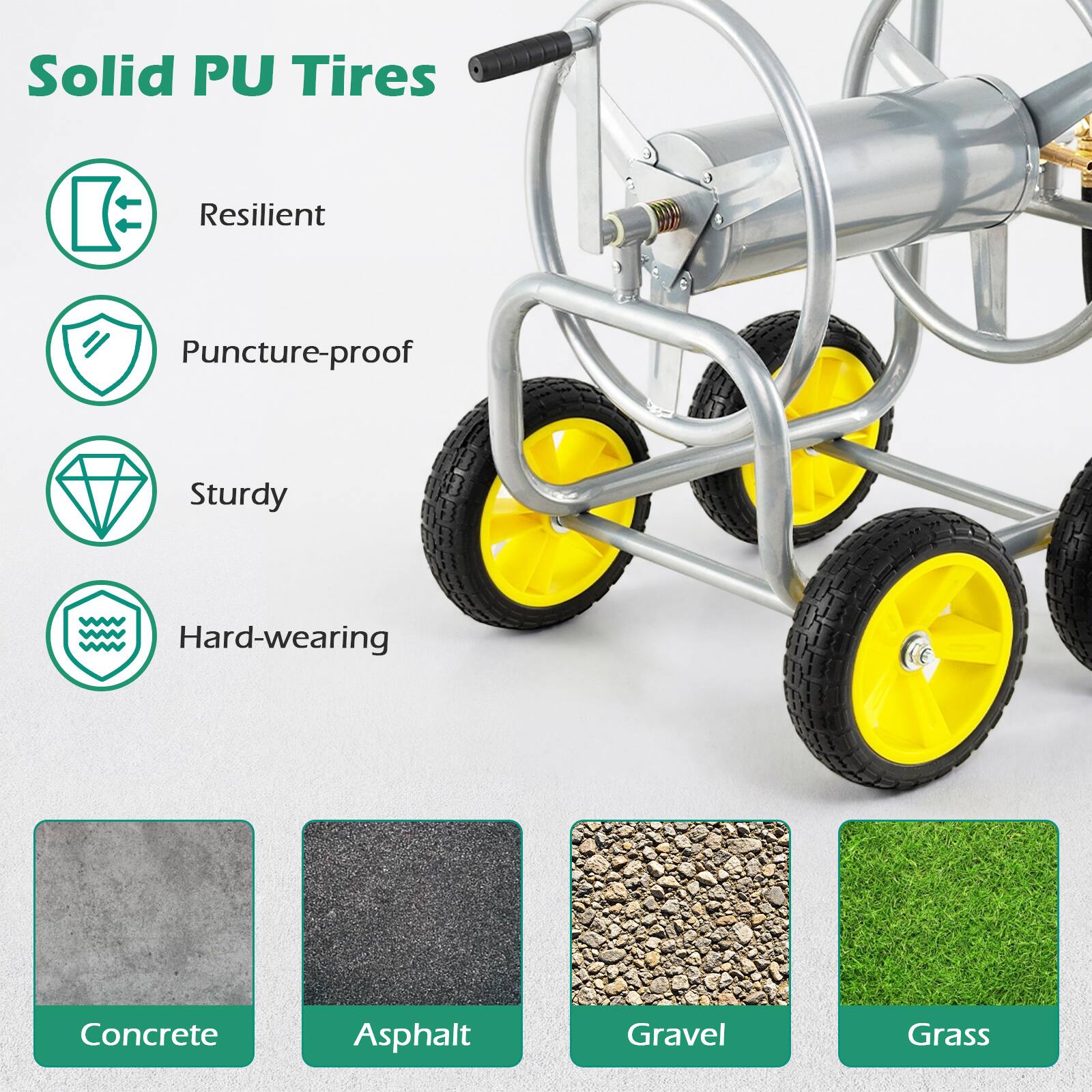 Solid PU Tires

- Resilient
- Puncture-proof
- Sturdy
- Hard-wearing

Concrete
Asphalt
Gravel
Grass