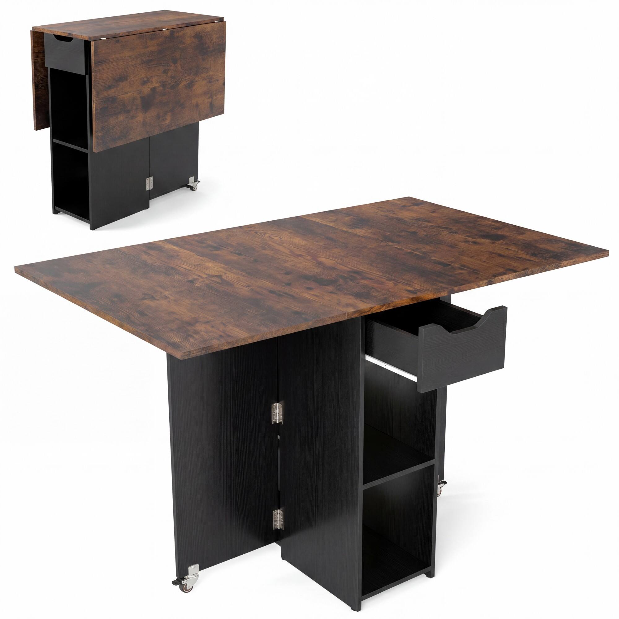 Alt View 8. Costway - Costway Folding Dining Table with 2 Open Shelves & Drawer, 2 Lockable Universal Wheels - Industrial+Black.