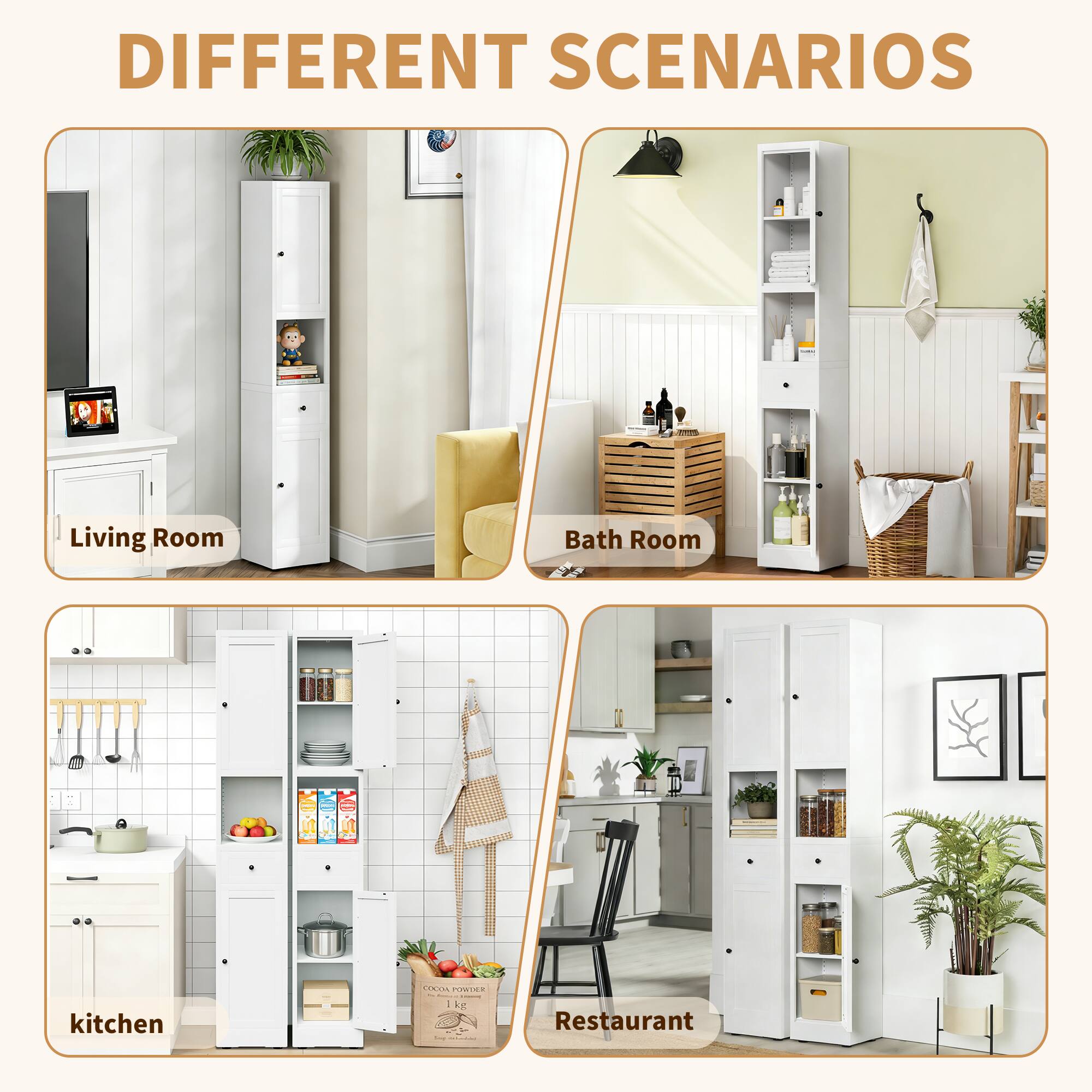 DIFFERENT SCENARIOS

Living Room  
Bath Room  
kitchen  
Restaurant
