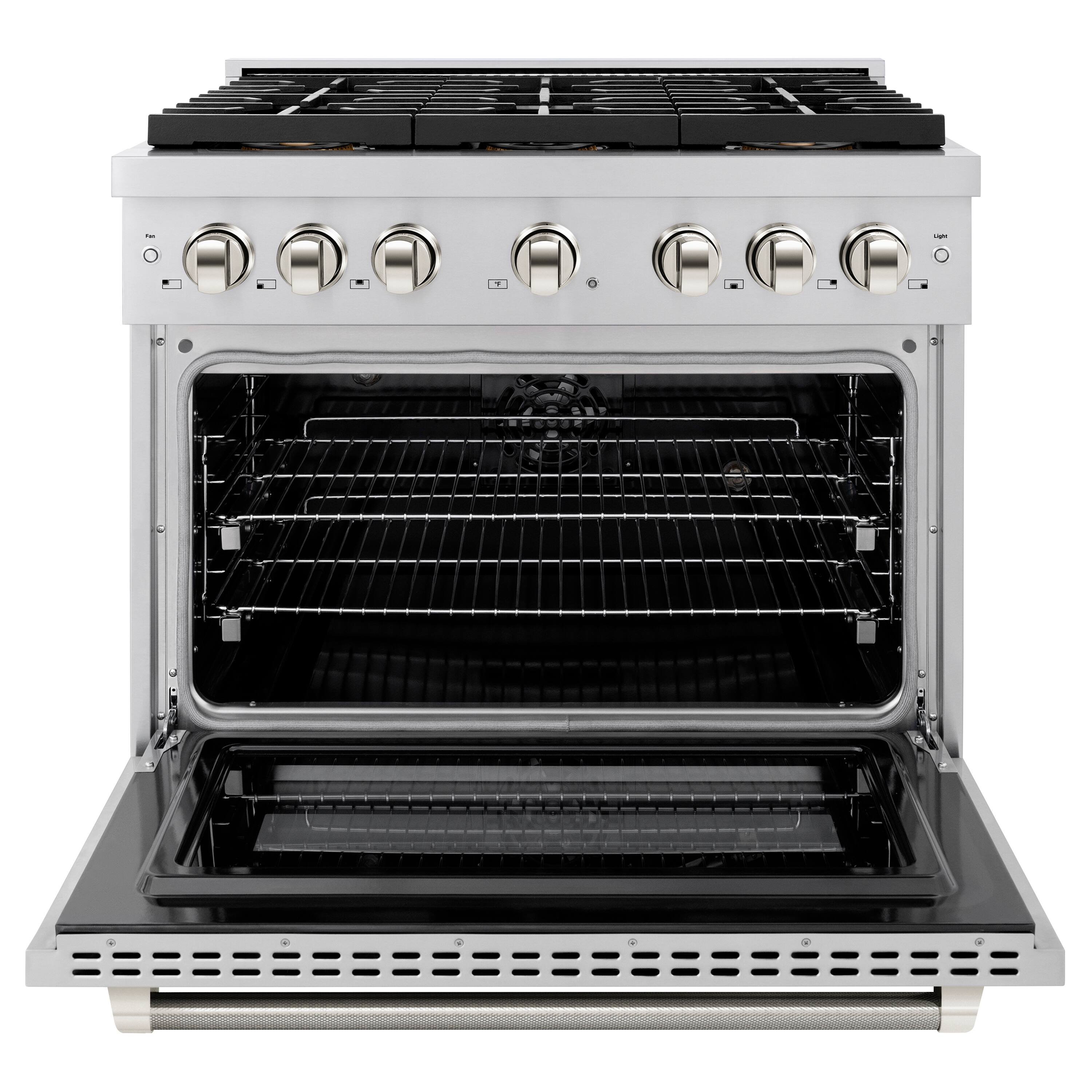 Angle. ZLINE - Autograph 36 in. 5.2 cu. ft. Freestanding Paramount DuoPro Dual Fuel Range in Stainless Steel with Nickel Helix Handle - Stainless Steel.