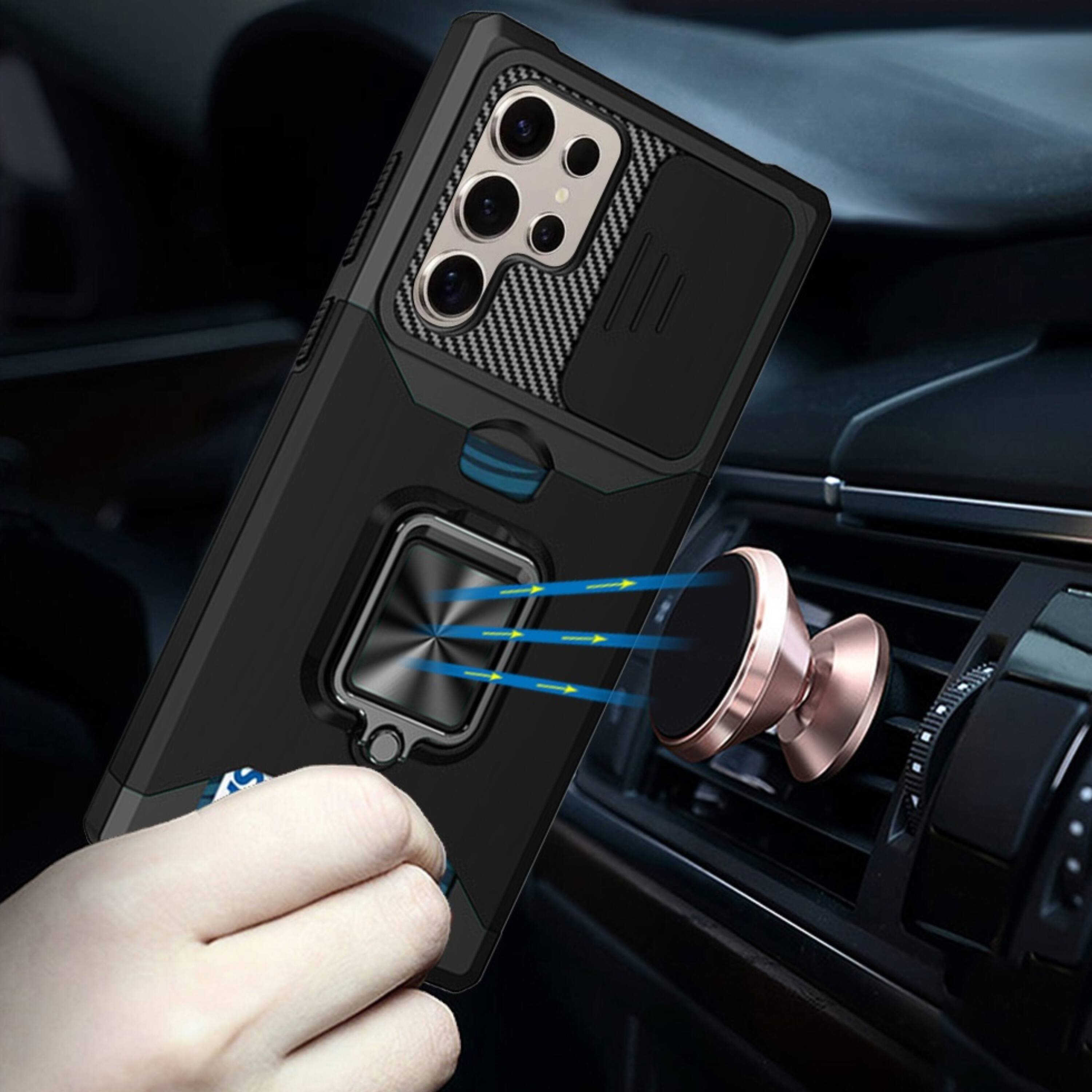 Left. Kitcheniva - Multi Use Card Holder Case With Magnetic Ring Stand And Tempered Glass For Samsung S25 Ultra Black - Black.