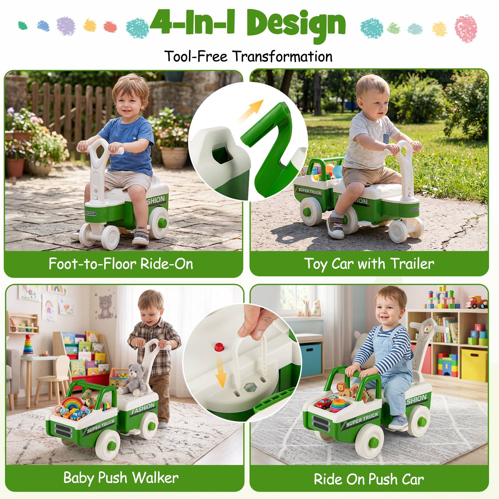 4-In-1 Design Tool-Free Transformation  
Foot-to-Floor Ride-On Toy Car with Trailer  
Baby Push Walker  
Ride On Push Car