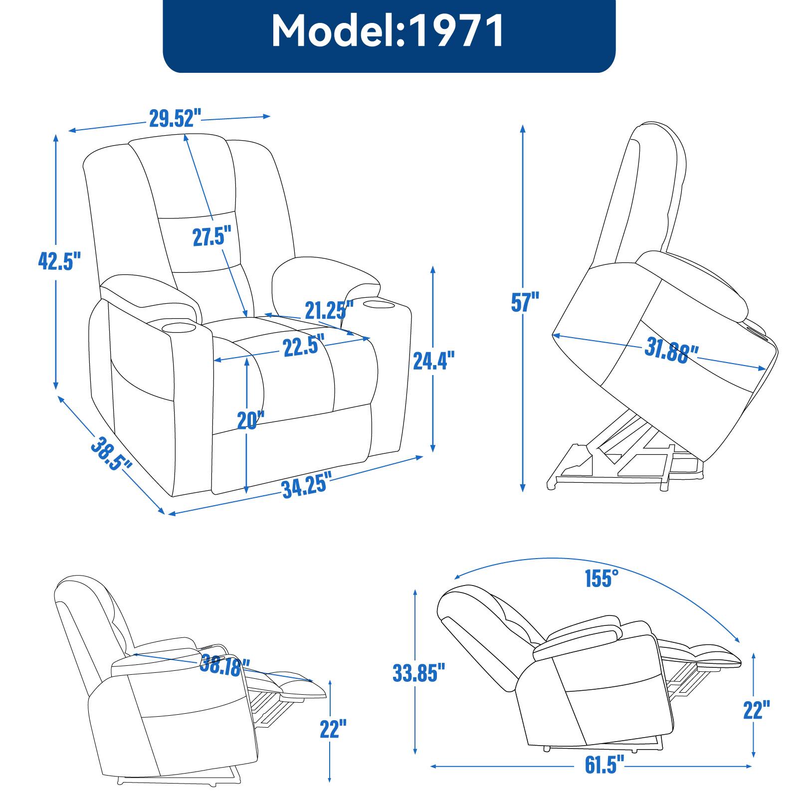 Model: 1971

- 29.52"
- 42.5"
- 27.5"
- 21.25"
- 22.5"
- 24.4"
- 57"
- 31.88"
- 38.5"
- 20"
- 34.25"
- 155°
- 33.85"
- 61.5"
- 22"