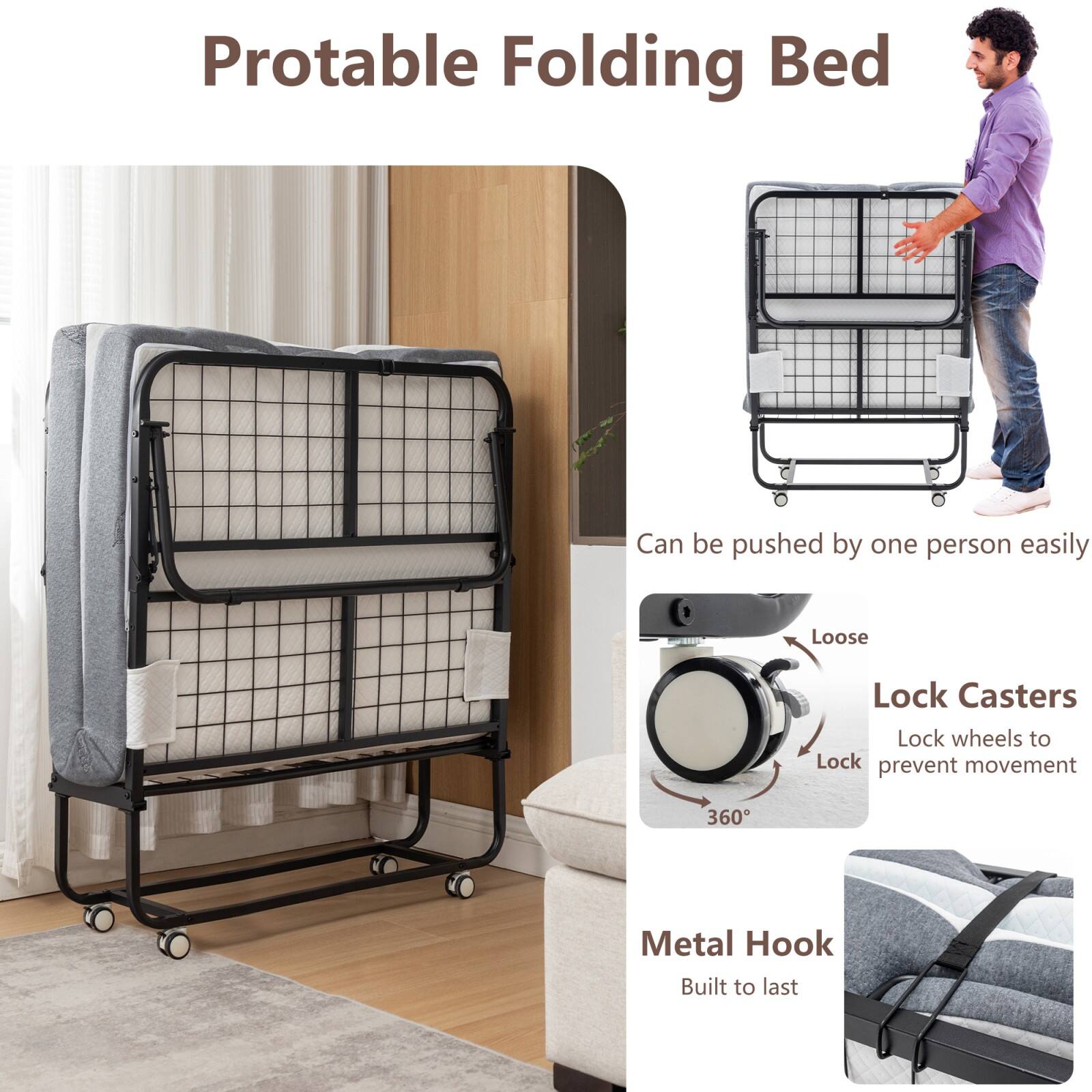 Portable Folding Bed

Can be pushed by one person easily

Lock Casters
Lock wheels to prevent movement

Metal Hook
Built to last