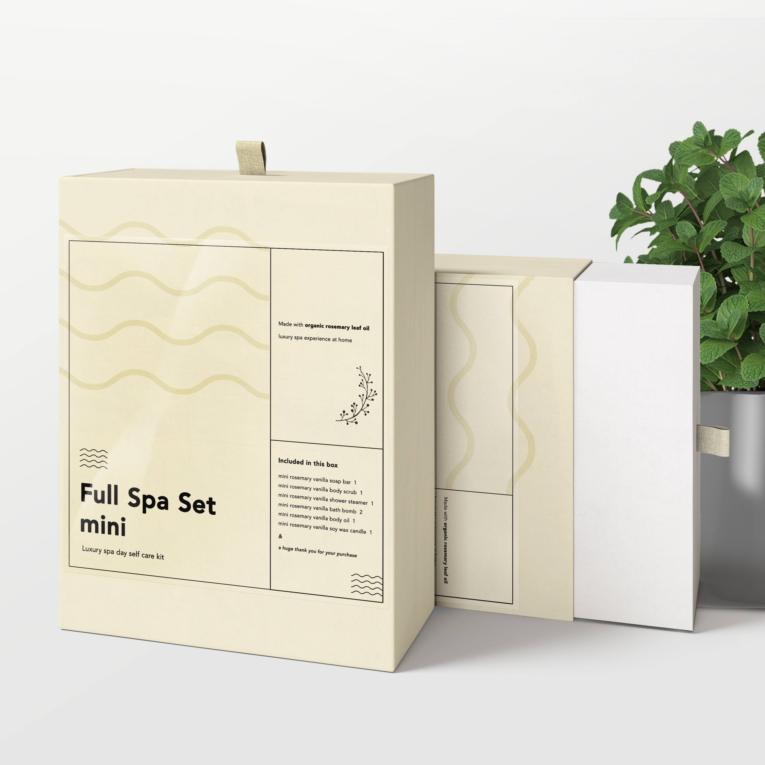 Marte a organic resemary nat - experience a Full Spa Set mini Luxury - day sell Lare kit Included in This box - rosemary varilla - rosemary varilla body - rosemary vanila - cinamer - rosemary vanulta s - SAS - rosemary vanala body - mi rosemary vanilla E i sanda a - e tank E e - purchase i i I E 1

Made with organic rosemary leaf oil
luxury spa experience at home

Full Spa Set mini
Luxury spa day self care kit

Included in this box
- mini rosemary vanilla soap bar 1
- mini rosemary vanilla scrub 1
- mini rosemary vanilla bath bombs 2
- mini rosemary vanilla body oil 1
- mini rosemary vanilla soy wax candle 1

A huge thank you for your purchase