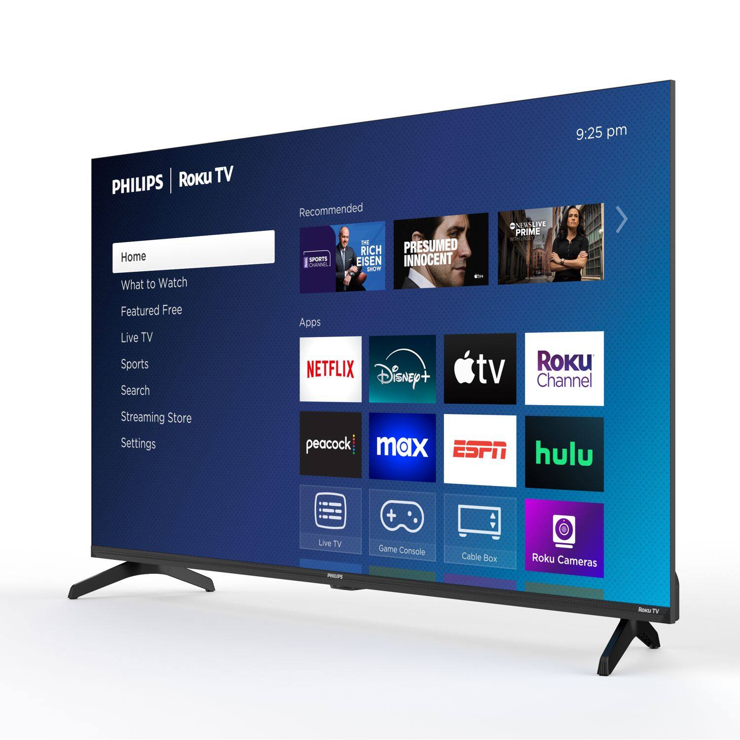 Sure, here is the corrected and grouped text from the image:

---

**PHILIPS | Roku TV**

**Home**

- What to Watch
- Featured Free
- Live TV
- Sports
- Search
- Streaming Store
- Settings

**Recommended**

- RICH PRESUMED INNOCENT
- PRESUMED INNOCENT
- COMEDY CENTRAL
- ESPN
- NETFLIX
- Disney+
- Apple TV
- Roku Channel
- peacock
- max
- ESPN
- hulu
- Game Console
- Cable Box
- Roku Cameras
- Live TV

**Time:** 9:25 pm

---