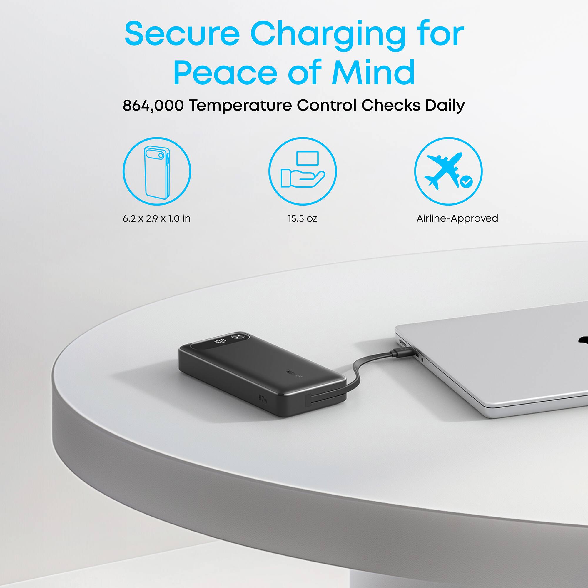 Secure Charging for Peace of Mind: 864,000 Temperature Control Checks Daily, 6.2 x 2.9 x 1.0 in, 15.5 OZ, Airline-Approved.