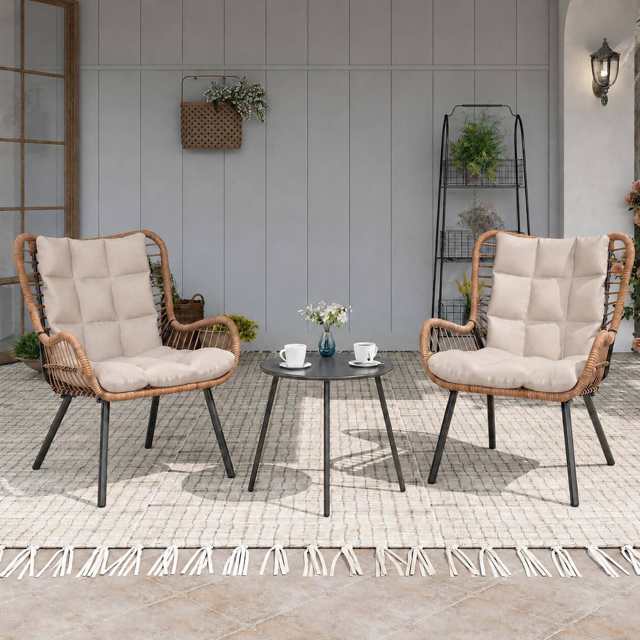Front. Yardgrace - 3 Piece Outdoor Bistro Set Small Patio Furniture Set Coffee Table Thick Cushions Porch Lawn Garden Balcony Poolside - Beige.
