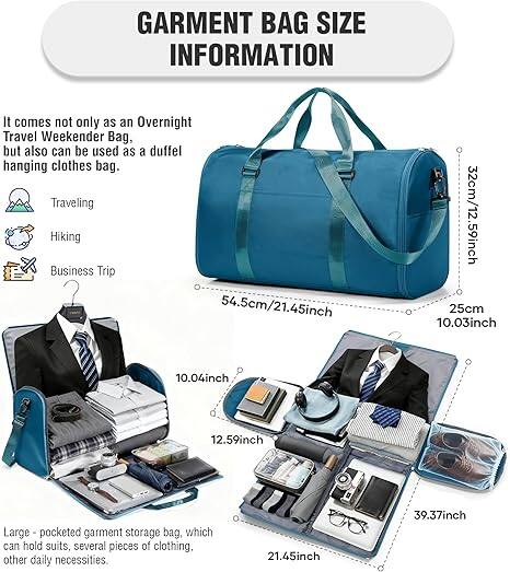 **GARMENT BAG SIZE INFORMATION**

It comes not only as an Overnight Travel Weekender Bag, but also can be used as a duffel hanging clothes bag.

- **Traveling**
- **Hiking**
- **Business Trip**

**Dimensions:**
- 54.5cm / 21.45inch
- 32cm / 12.59inch
- 25cm / 10.03inch
- 10.04inch
- 12.59inch
- 21.45inch
- 39.37inch

**Features:**
- Large pocketed garment storage bag, which can hold suits, several pieces of clothing, and other daily necessities.