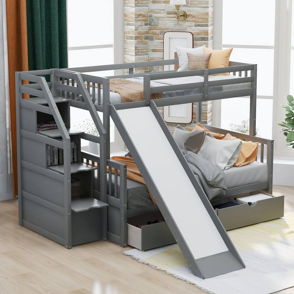 Left. Loheer - Loheer Twin Over Full Bunk Bed with Slide and Storage Drawers Gray - Gray.