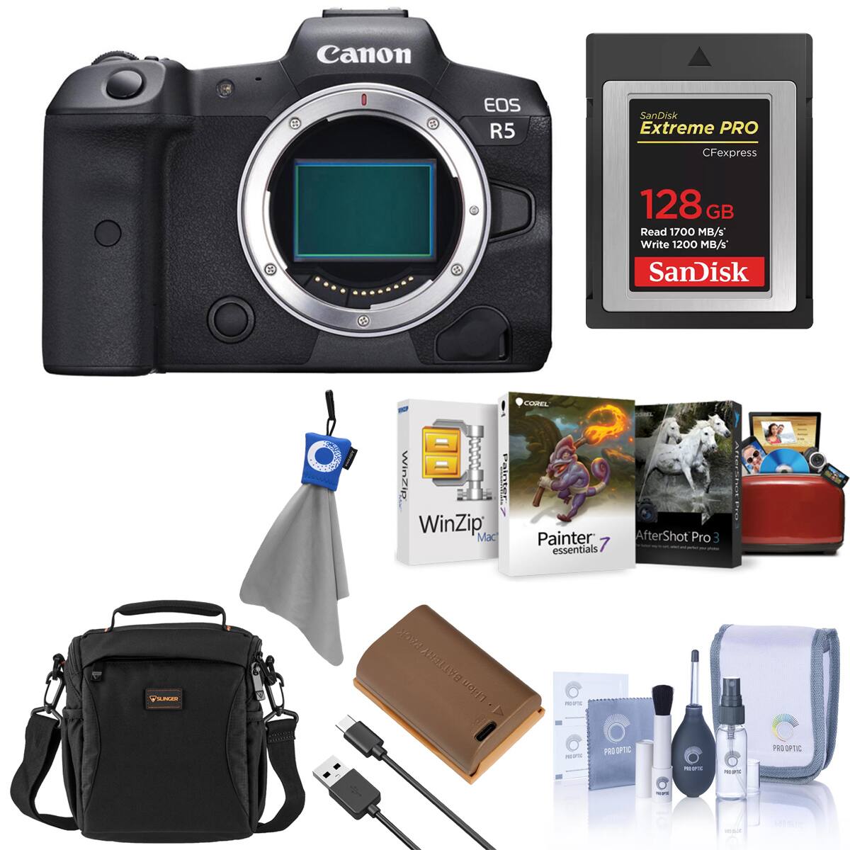 Canon EOS R5  
SanDisk Extreme PRO CFexpress 128GB Read 1700 MB/s Write 1200 MB/s  
WinZip Painter WinZip Mac!  
COREL Painter 7 essentials  
AfterShot Pro 3  
YSUNGER  
PACK BATTERY Li-ion  
PRO OPTIC  
PRO OF TC  
PERSING  
hours  
hearte  
WITH