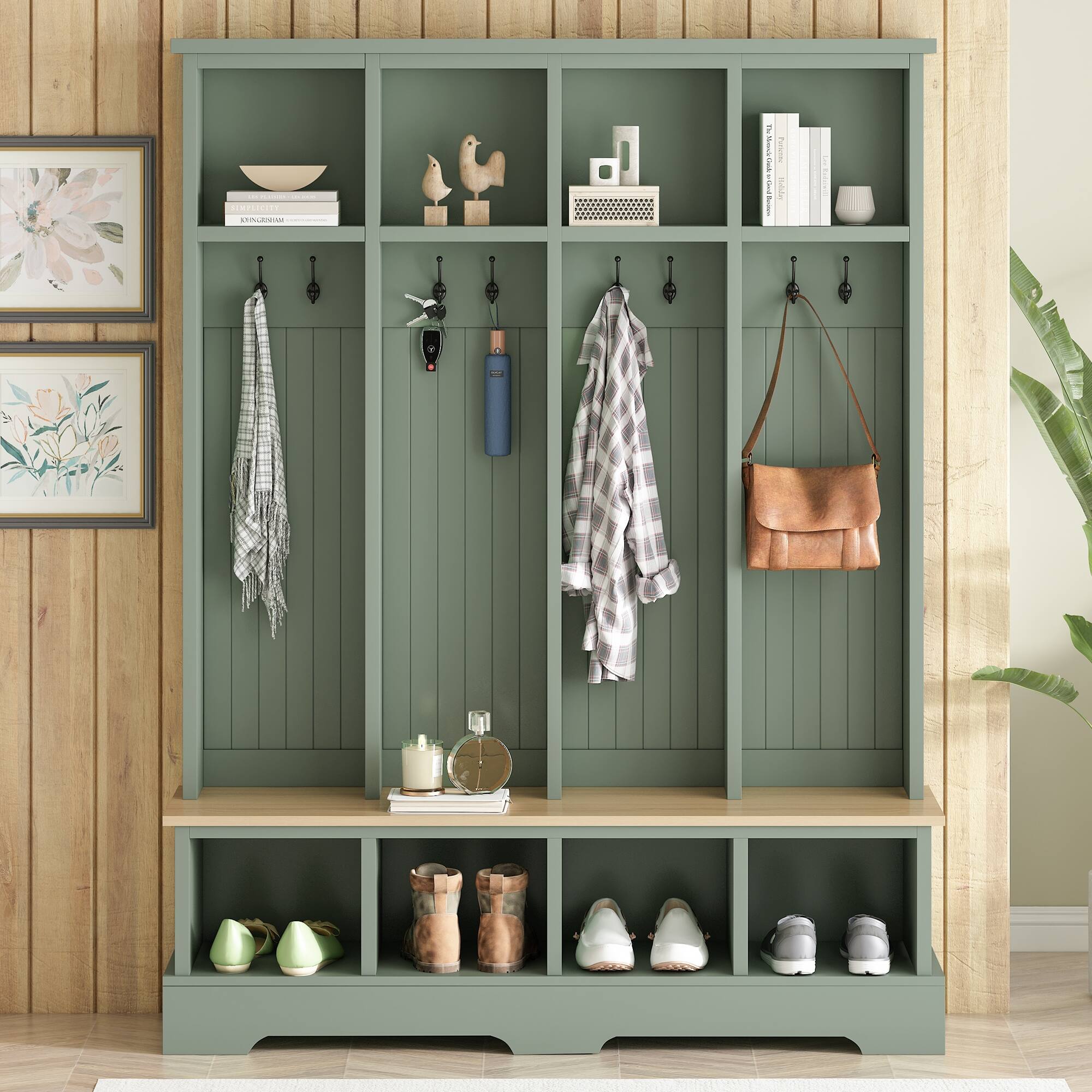 Angle. APRILSOUL - 59In Wide Hall Tree with 8 Hooks Practical Entryway Bench with Open Compartments 76.7In H 3in1 Coat and Shoe Rack Green - Green.