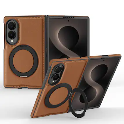 Front. Dteck - Leather Case for Samsung Galaxy Z Fold 8,Shockproof Compatible with Mag Safe 360 Rotation Ring Kickstand Cover - Brown.