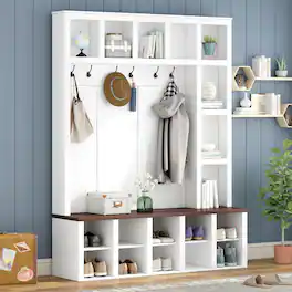 Loheer - Farmhouse Wooden Hall Tree 4-in-1 Entryway Shoe Cabinet Walnut Storage Bench - White and Walnut