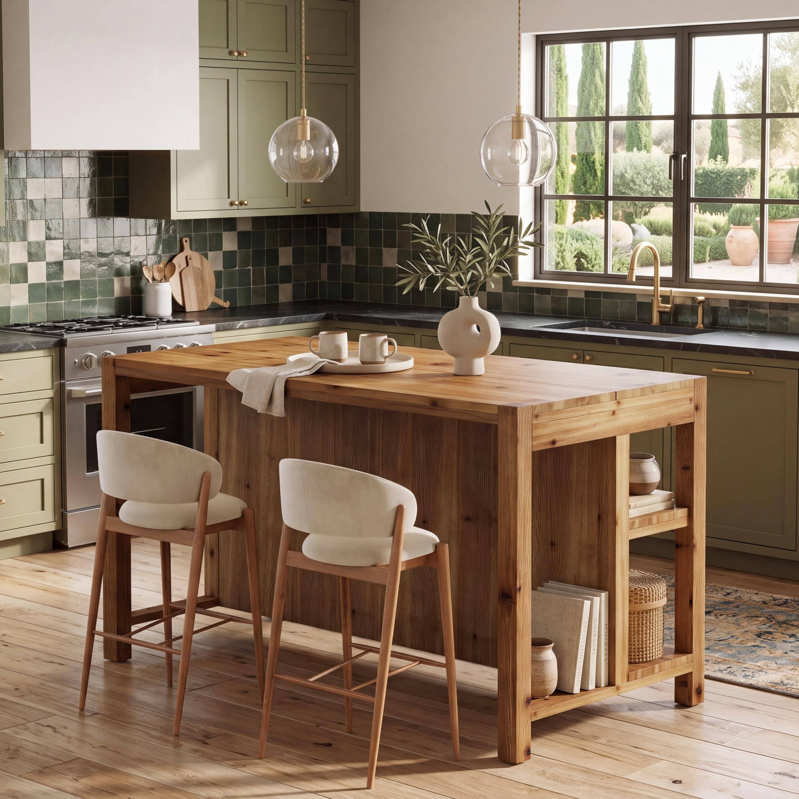 Back. Tribesigns - 59" Solid Wood Kitchen Island with 2 Open Storage Shelves - Brown.