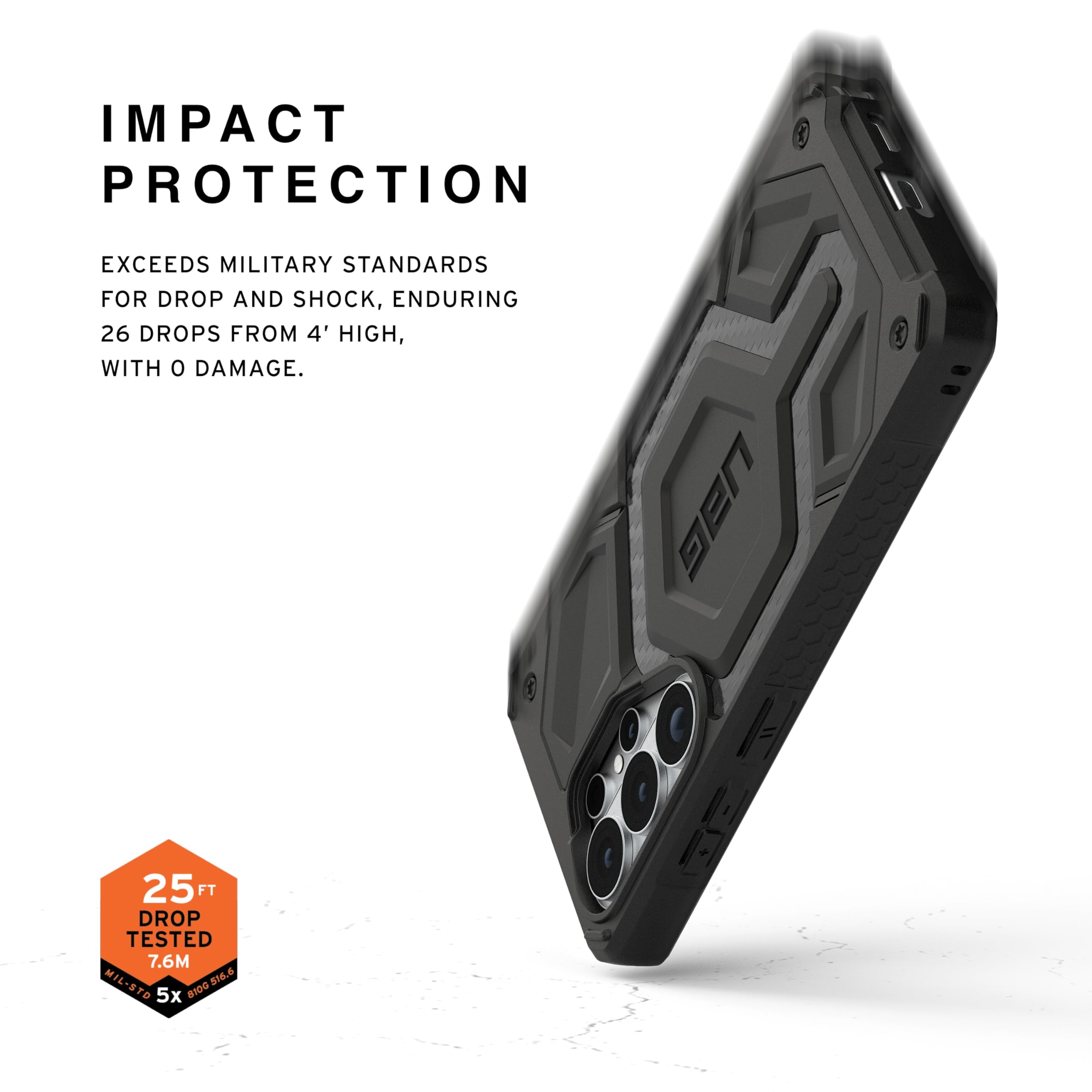 IMPACT PROTECTION

EXCEEDS MILITARY STANDARDS FOR DROP AND SHOCK, ENDURING 26 DROPS FROM 4' HIGH, WITH 0 DAMAGE.

UAG 25 FT DROP TESTED 7.6M

MIL-STD 8100.516.6