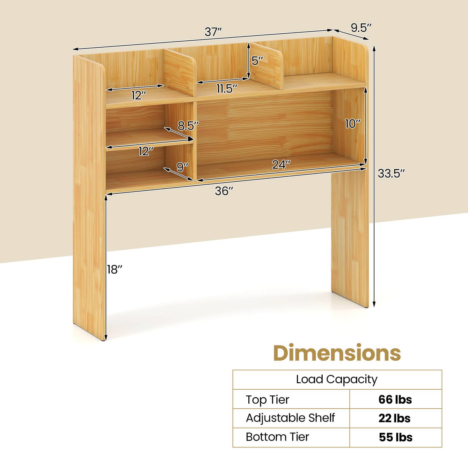 37" 9.5" 5" 12" 11.5" 8.5" 10" 12" 9" 36" 24" 33.5" 18"  
Dimensions  
Load Capacity  
Top Tier: 66 lbs  
Adjustable Shelf: 22 lbs  
Bottom Tier: 55 lbs