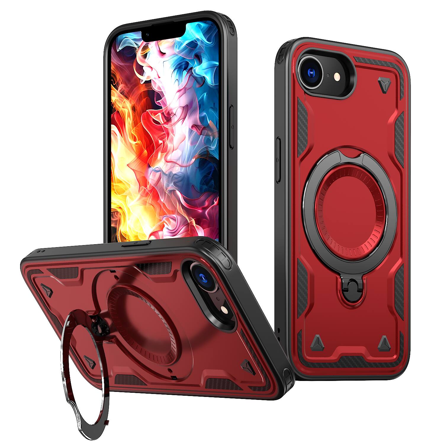 Front. Dteck - Rugged Ring Stand Case for Apple iPhone 16e/17e,Shockproof Back Cover Dual-Layer Hard PC TPU Hidden Kickstand Case - Red.