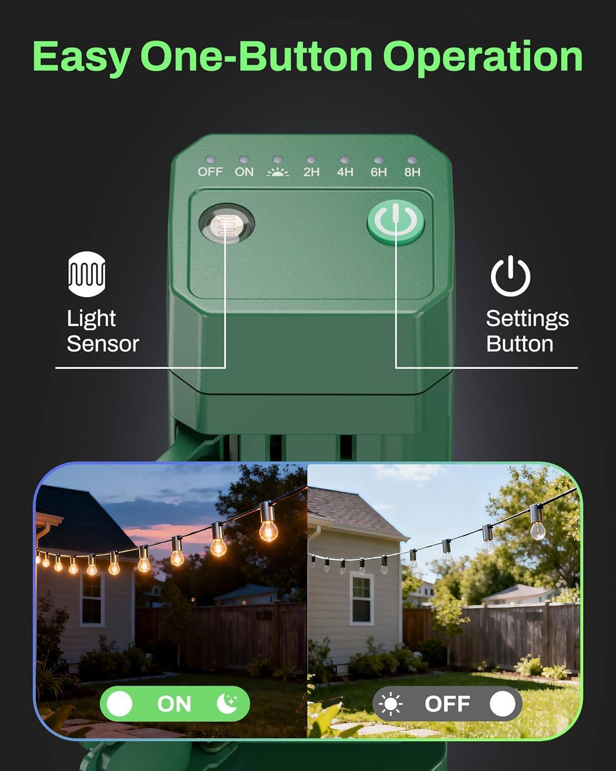 Easy One-Button Operation

- OFF ON 2H 4H 6H 8H
- Light Sensor
- Settings Button

ON
OFF