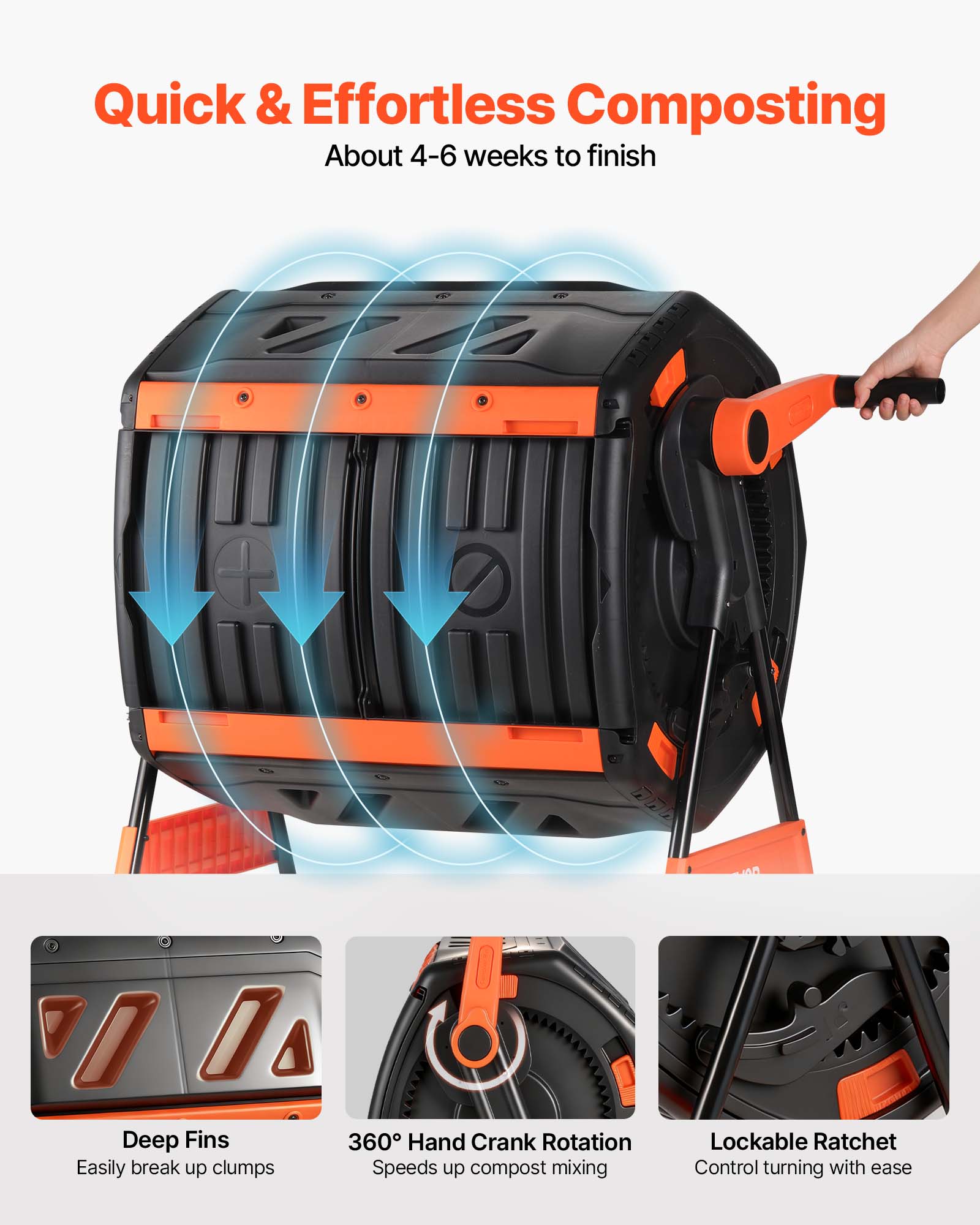 Quick & Effortless Composting  
About 4-6 weeks to finish  

Deep Fins  
Easily break up clumps  

360° Hand Crank Rotation  
Speeds up compost mixing  

Lockable Ratchet  
Control turning with ease