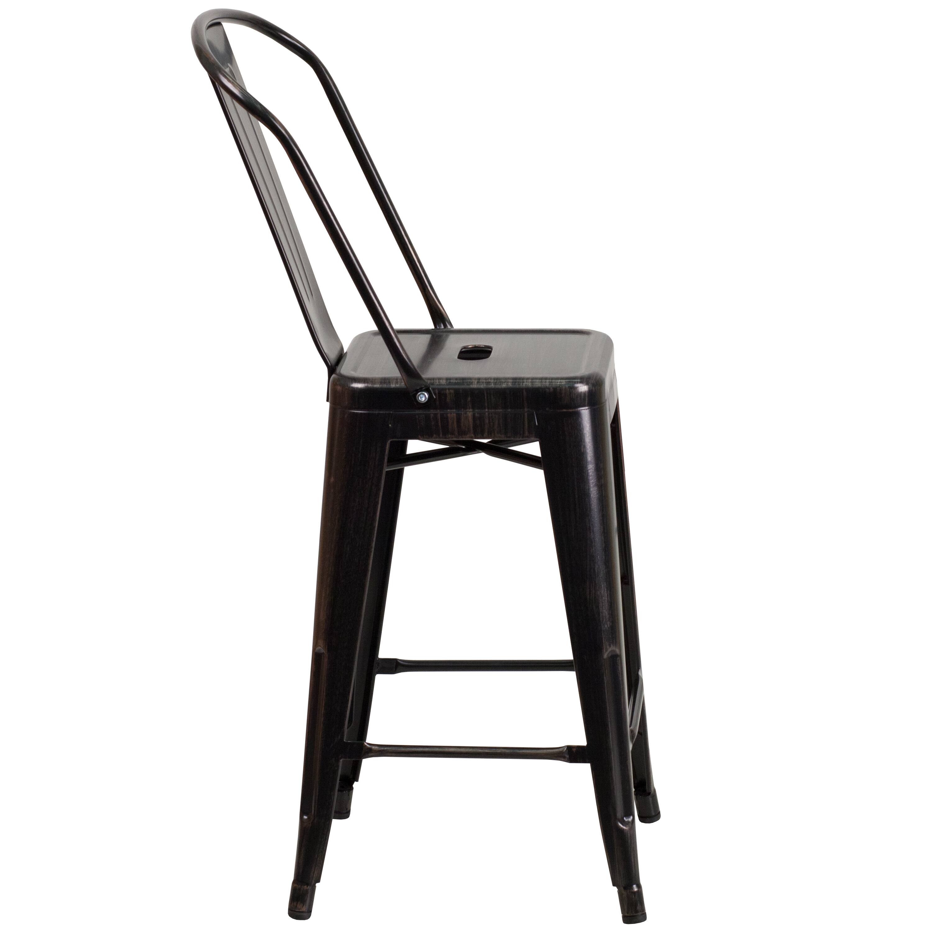 Alt View 6. Emma + Oliver - Commercial Grade 24"H Colorful Metal Indoor-Outdoor Counter Stool with Back - Black-Antique Gold.