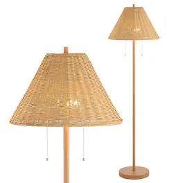 Jonathan Y - Nando 61" 2-Light Coastal Bohemian Iron/Rattan LED Floor Lamp with Pull-Chain - Brown Wood Finish