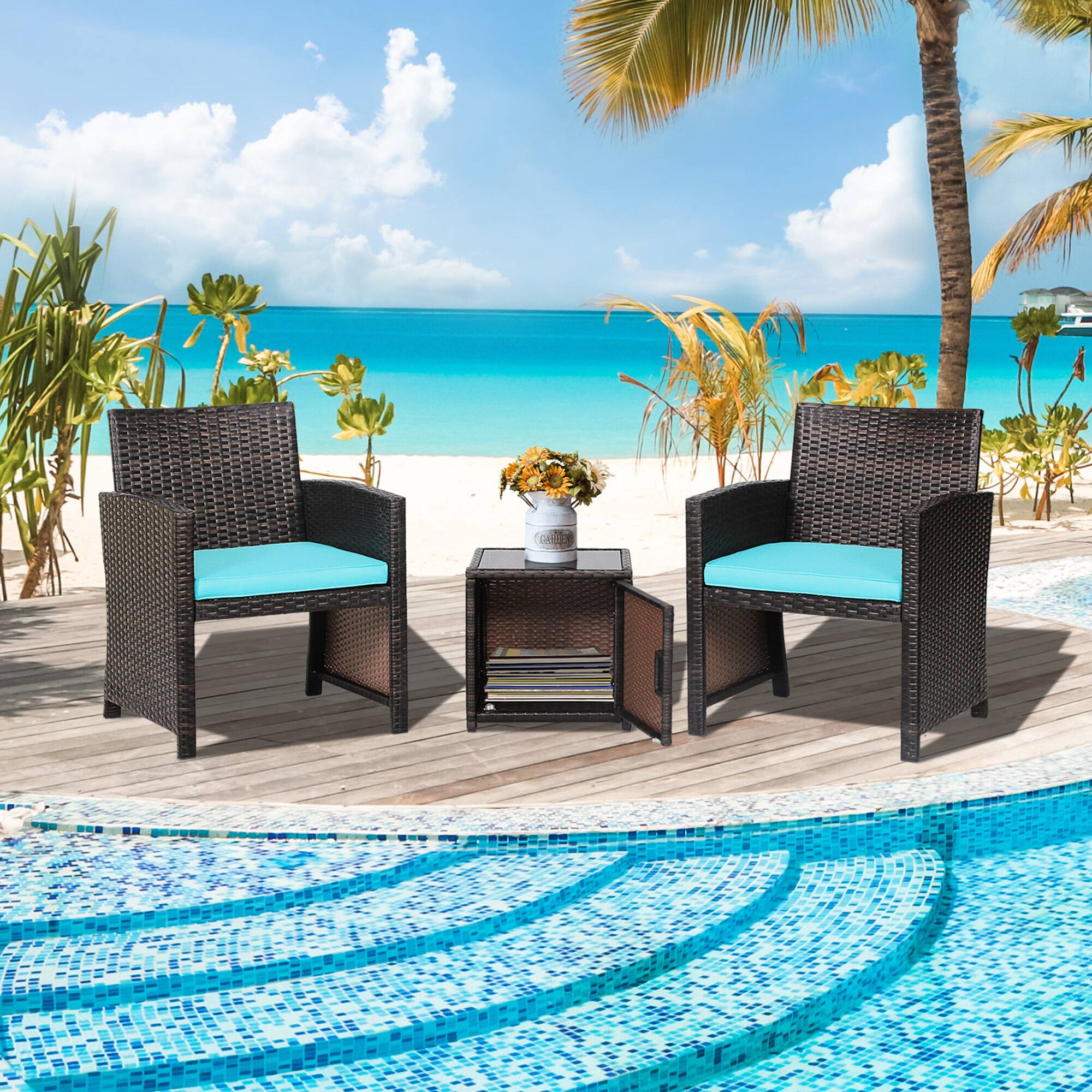 Alt View 8. Gymax - Gymax 3PCS Patio PE Rattan Conversation Furniture Set Bistro Set w/ Waterproof Cover Turquoise - Turquoise.