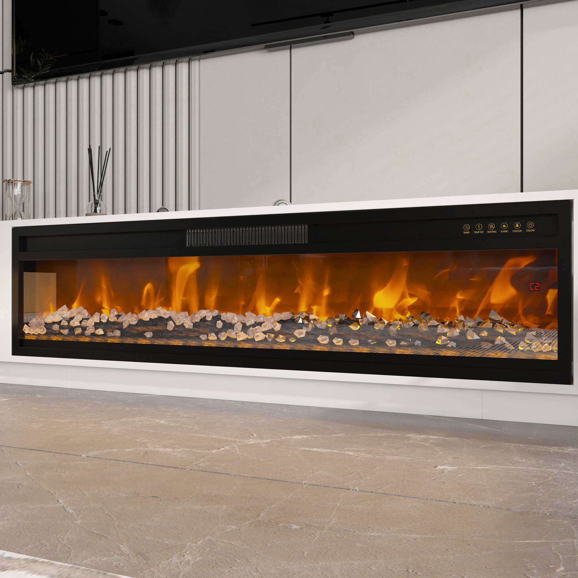 Left. FUFU&GAGA - Modern Electric Fireplace TV Stand with Storage, White Media Console with Adjustable Flame & Heater for Living Room - White.