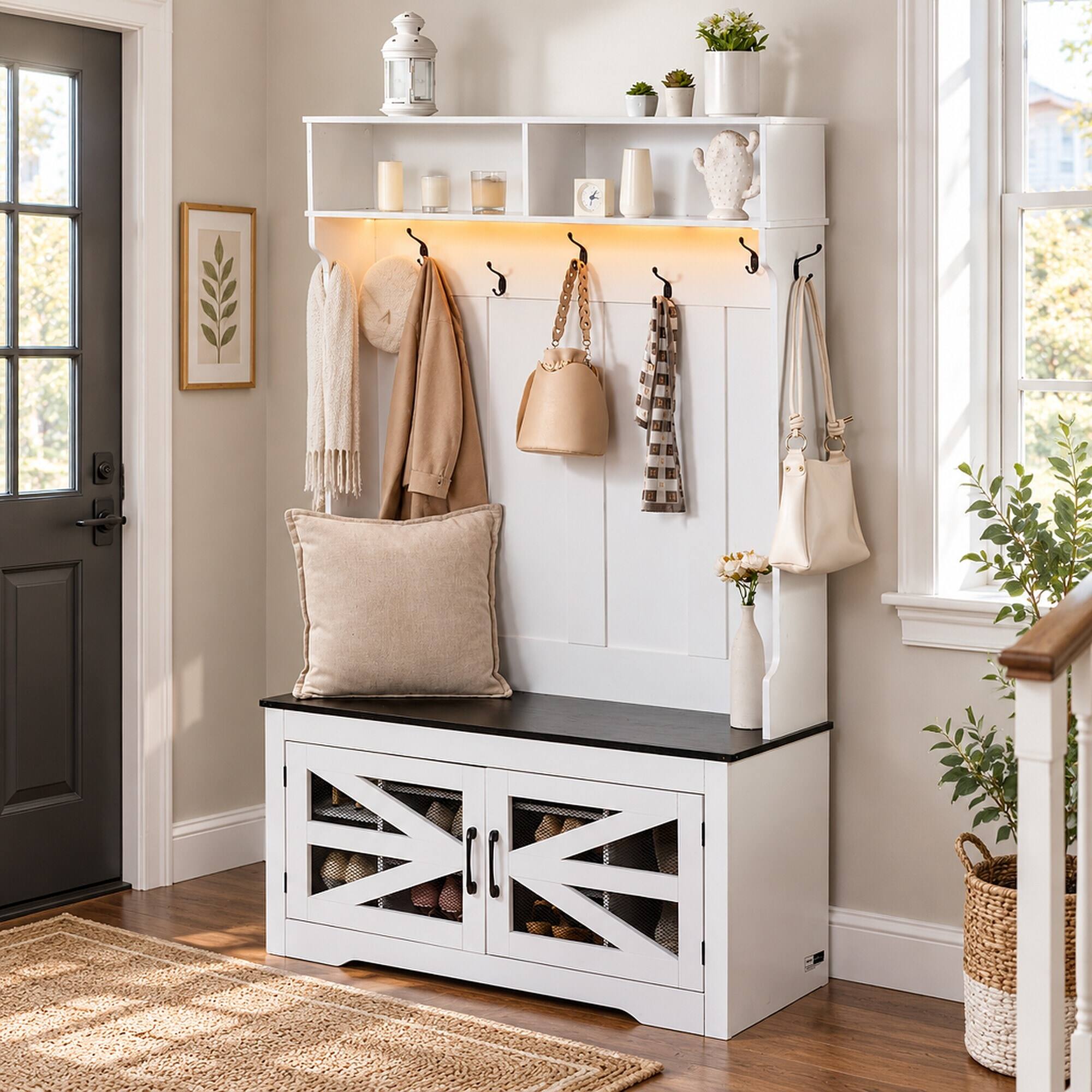 RYHNUYNE 42 in Hall Tree Entryway Bench, Coat Rack with Shoe Storage ...