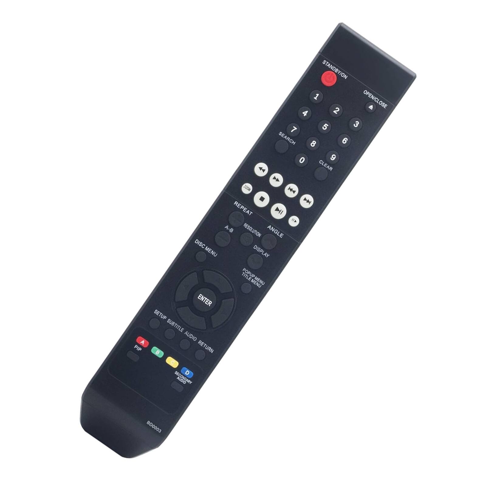 Sure, here is the corrected and grouped text from the image:

---

**Top Section:**
- PIP STANDBY/ON
- OPEN/CLOSE

**Number Pad:**
- 1
- 2 3 4
- 5 6 7
- 8 9 0
- CLEAR

**Middle Section:**
- SEARCH
- REPEAT
- A-B
- RESOLUTION
- ANGLE
- DISC MENU
- DISC MENU
- DISPLAY
- AY TITLE
- POPUP TITLE
- MENU
- ENTER
- SETUP
- SUBTITLE
- AUDIO
- RETURN
- SECONDARY

**Bottom Section:**
- A-B
- DISC MENU
- DISPLAY
- POWER MENU
- TITLE MENU
- ENTER
- SETUP
- SUBTITLE
- AUDIO
- RETURN

**Bottom Buttons:**
- A
- B
- C
- D

**Bottom Right:**
- B00003

---