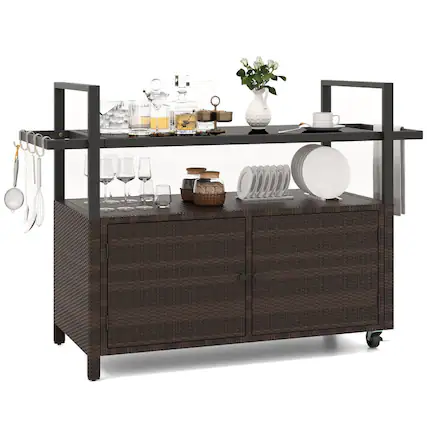 Front. Ecooso - Outdoor Bar Cart Serving Cart with Cabinet and Storage Hooks - Black/Brown/Gray.