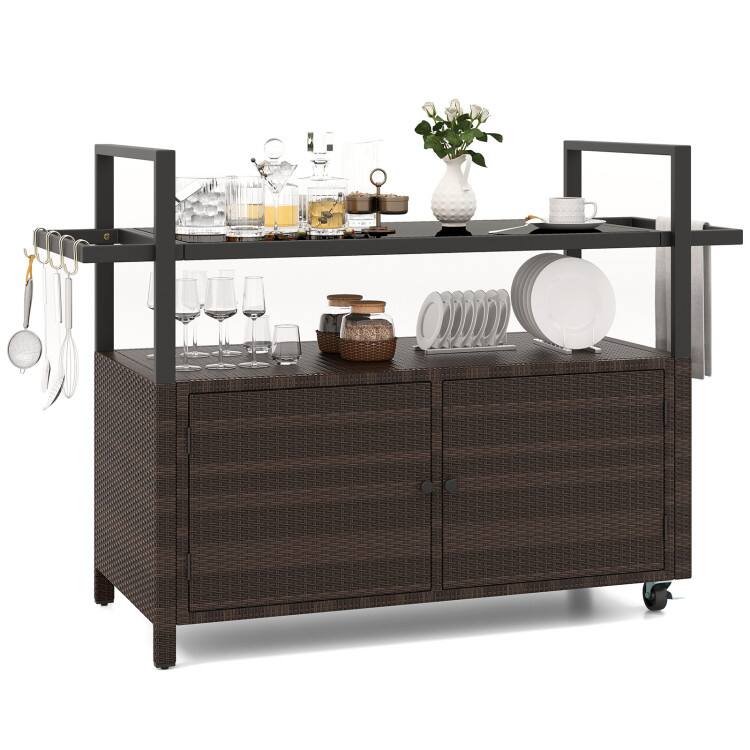 Front. Ecooso - Outdoor Bar Cart Serving Cart with Cabinet and Storage Hooks - Black/Brown/Gray.