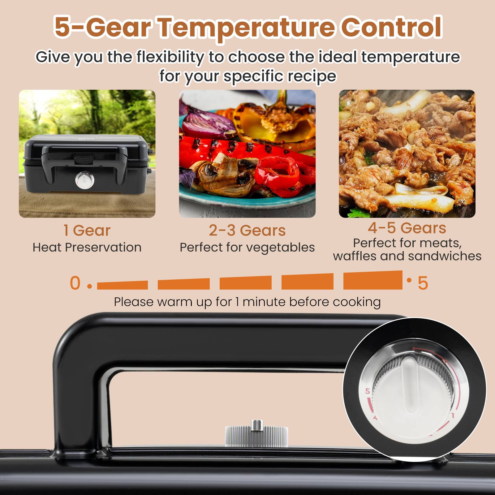 5-Gear Temperature Control
Give you the flexibility to choose the ideal temperature for your specific recipe
1 Gear
Heat Preservation
2-3 Gears
Perfect for vegetables
4-5 Gears
Perfect for meats, waffles and sandwiches
Please warm up for 1 minute before cooking