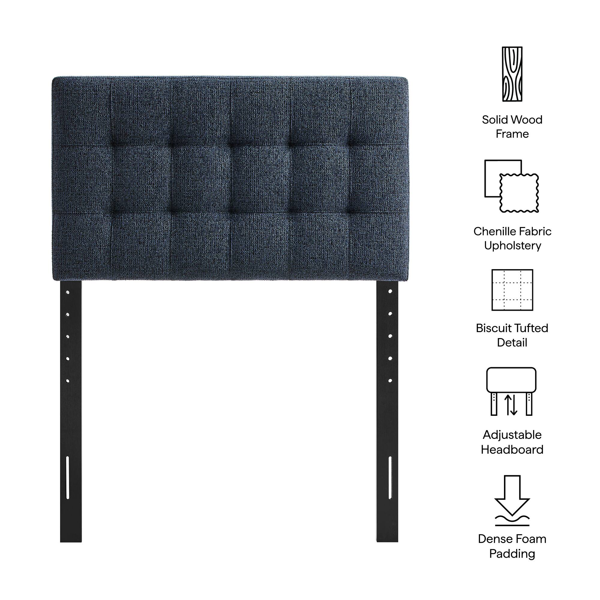 Solid Wood Frame  
Chenille Fabric Upholstery  
Biscuit Tufted Detail  
Adjustable Headboard  
Dense Foam Padding