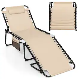 Gymax - Oversize Folding Chaise Lounge w/ Adjustable Backrest Detachable Pillow Pocket - Beige