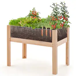 Costway - Raised Wooden Garden Bed 24" Elevated Planter Box Plant Terrarium with Drain Holes - Natural